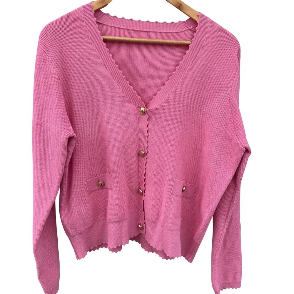 Adrianna Papell Women M/L Cardigan Pink Crop Scalloped Button Preppy Chic Knit - Picture 4 of 11